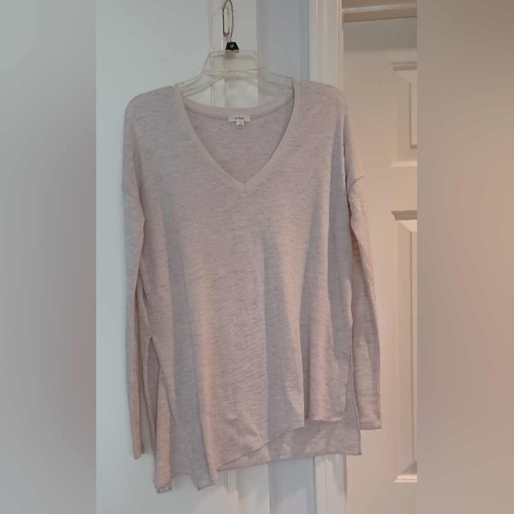Wilfred S Cream Long Sleeve V-neck Side Slit Sweater Top